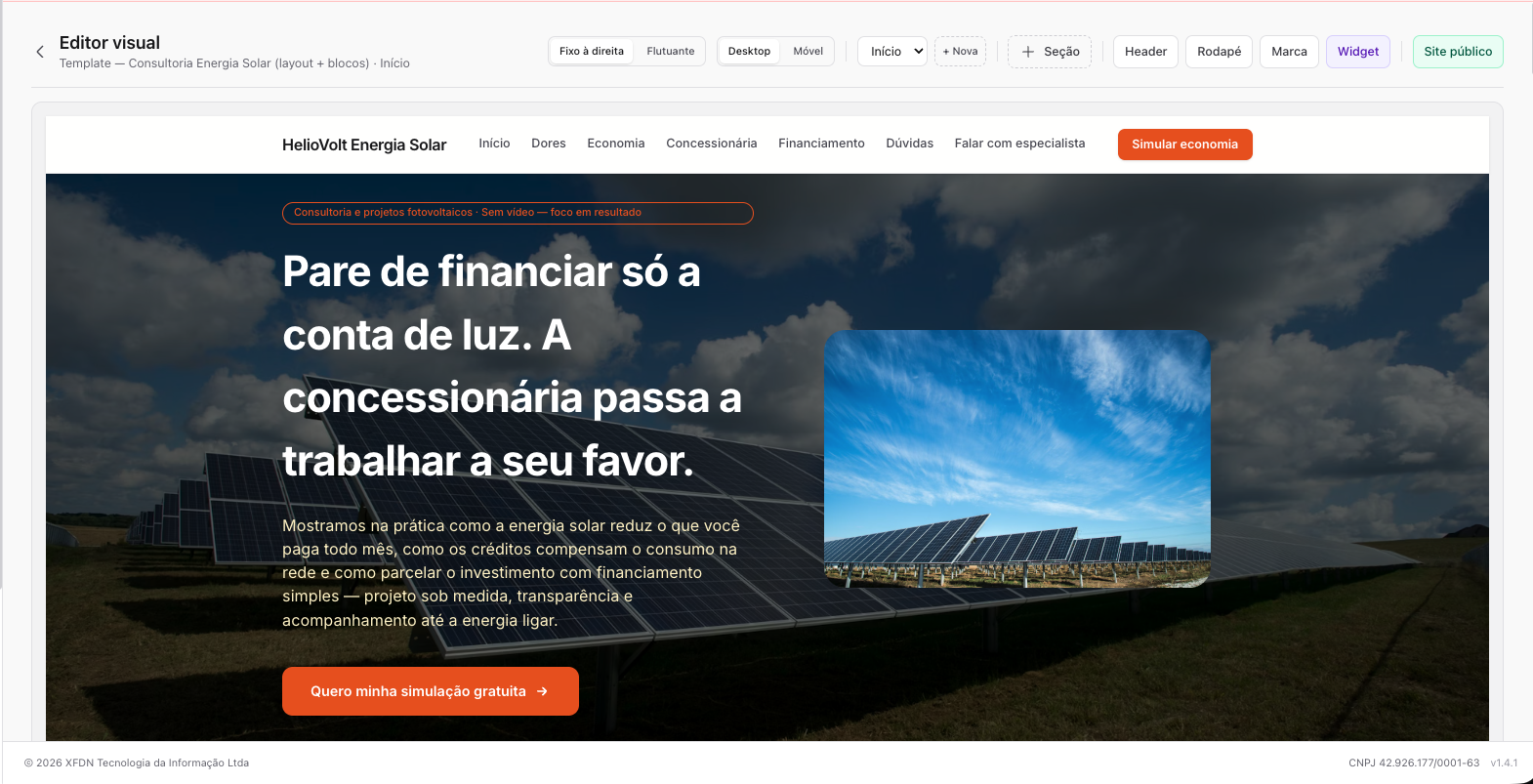 Editor visual com preview da landing page