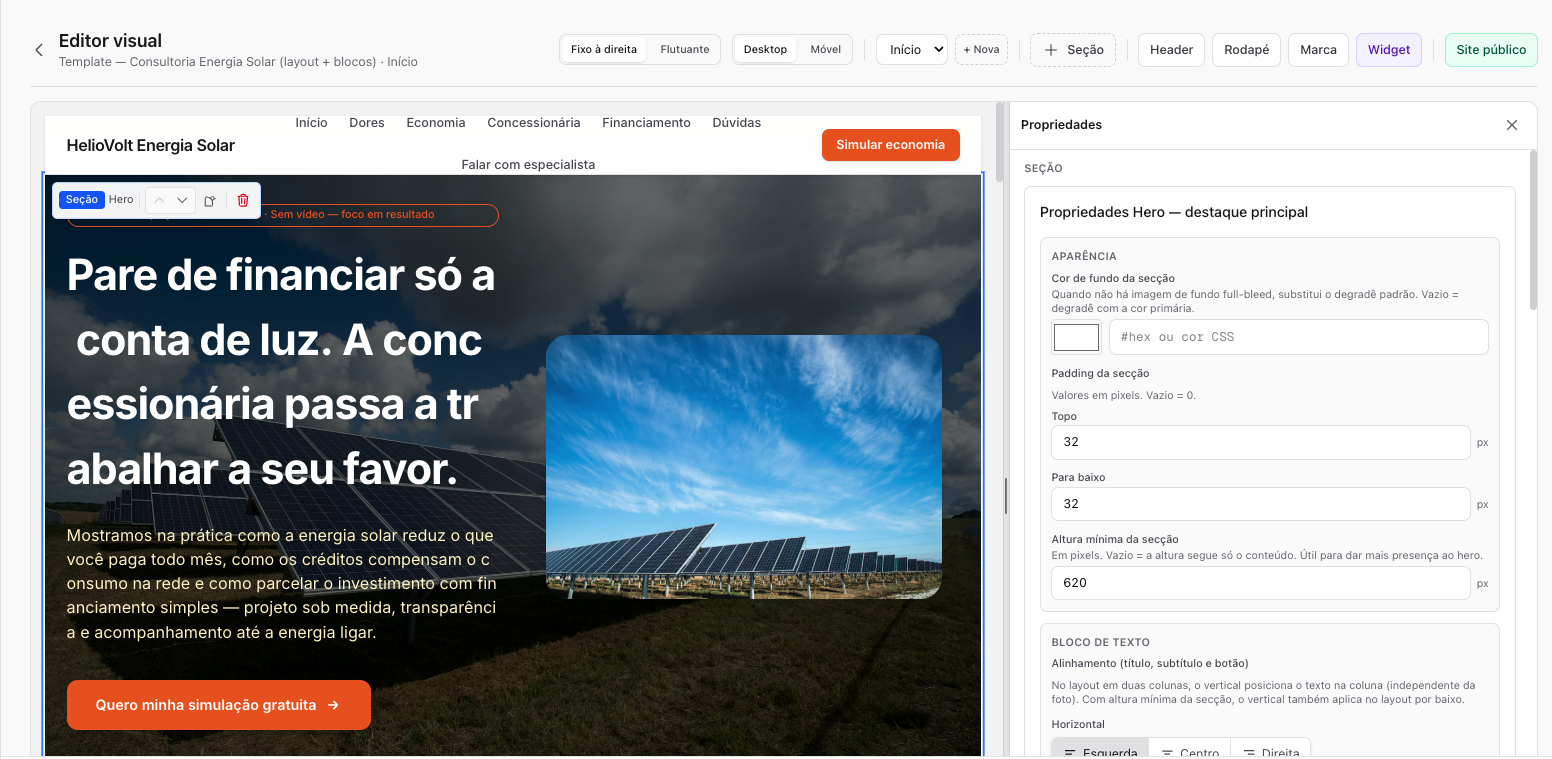 Painel de propriedades do editor para ajuste fino