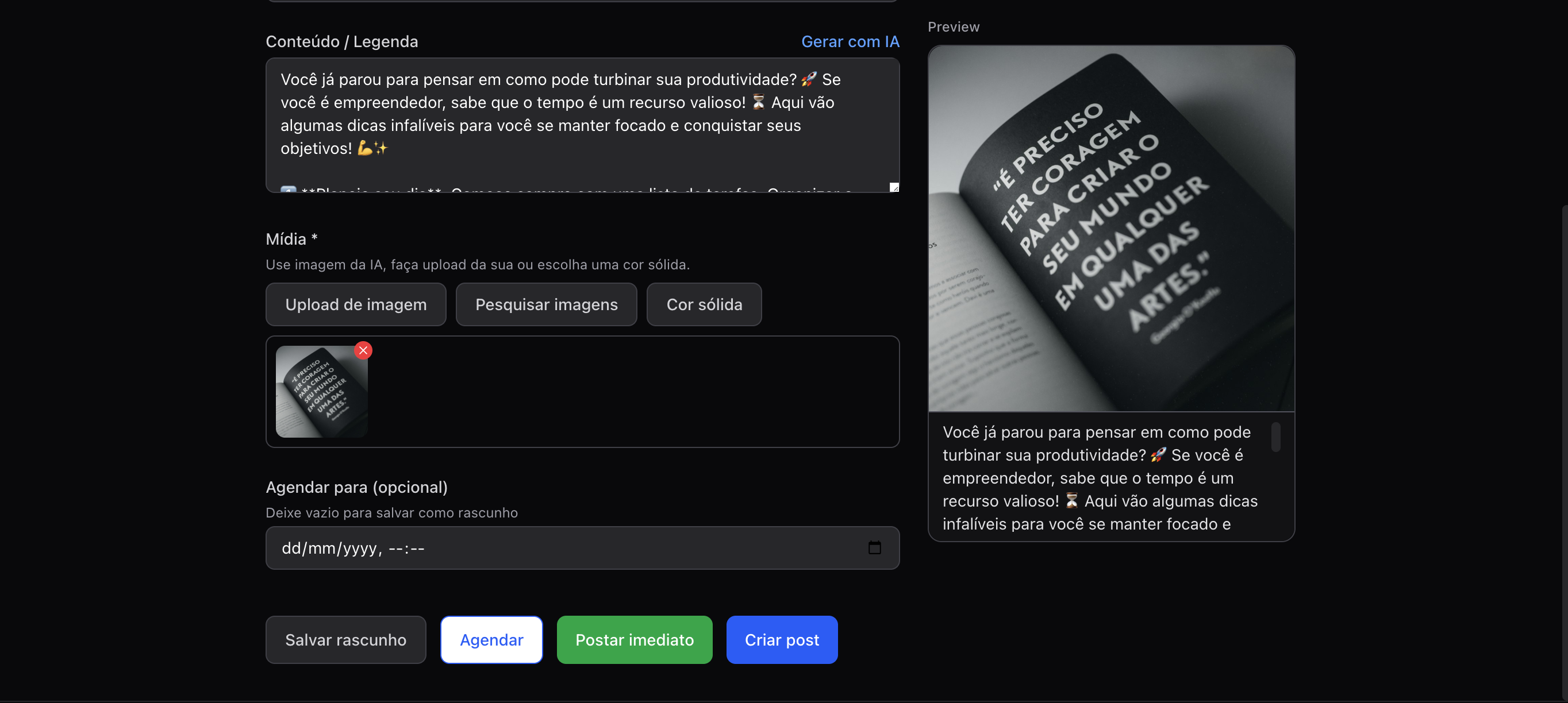 Criação de post com campo de agendamento e preview